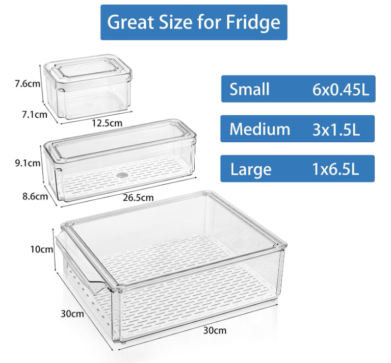 Feshory 10 Pack Clear Stackable Fridge Organiser Bins With Lids & Drain Tray