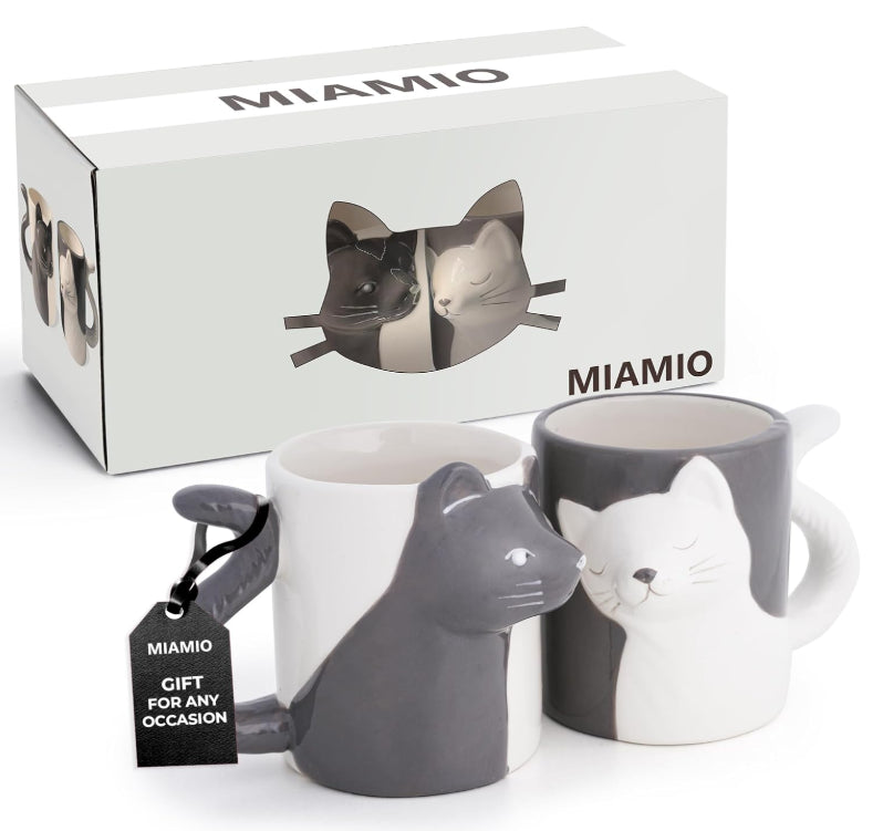 Miamio 2 Pack Cat Mugs Grey & White Kissing Cats Mug Set Ceramic Pots