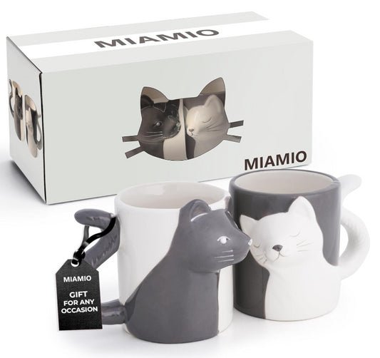 Miamio 2 Pack Cat Mugs Grey & White Kissing Cats Mug Set Ceramic Pots