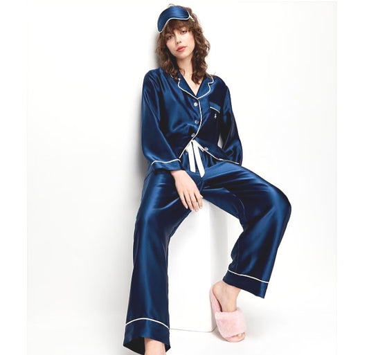 Peter Alexander Navy Mulberry Silk Long Sleeve Pyjama & Eye Mask Set Womens Sz M