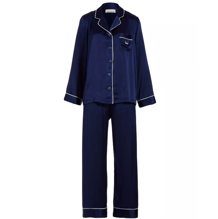 Peter Alexander Navy Mulberry Silk Long Sleeve Pyjama & Eye Mask Set Womens Sz M