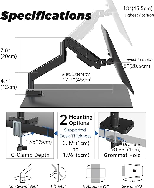 ULTRARM Single Monitor Arm Desk Mount Clamp For 17-34 Inch Screens Max 10KG NEW