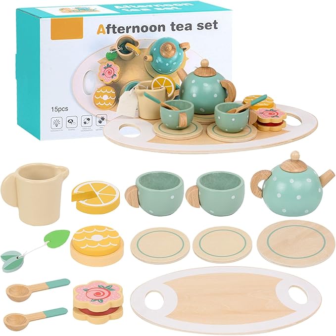 KABI Afternoon Tea Cup Playset 15PCS Wooden Pretend Play Food Toy Set Age 3+ NEW