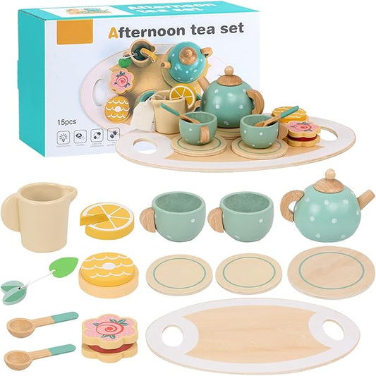 KABI Afternoon Tea Cup Playset 15PCS Wooden Pretend Play Food Toy Set Age 3+ NEW