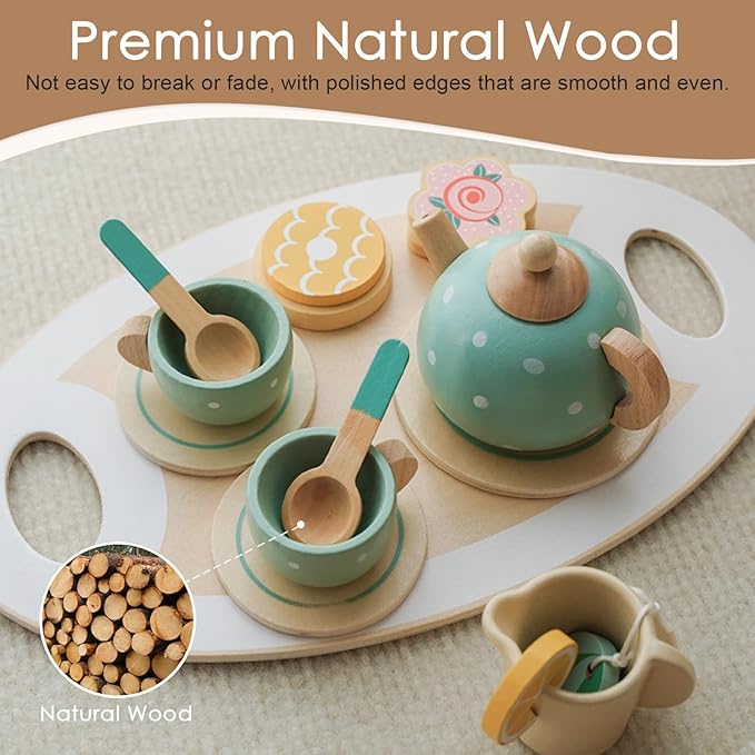 KABI Afternoon Tea Cup Playset 15PCS Wooden Pretend Play Food Toy Set Age 3+ NEW