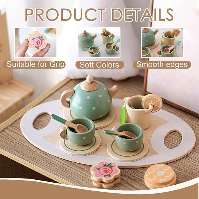 KABI Afternoon Tea Cup Playset 15PCS Wooden Pretend Play Food Toy Set Age 3+ NEW