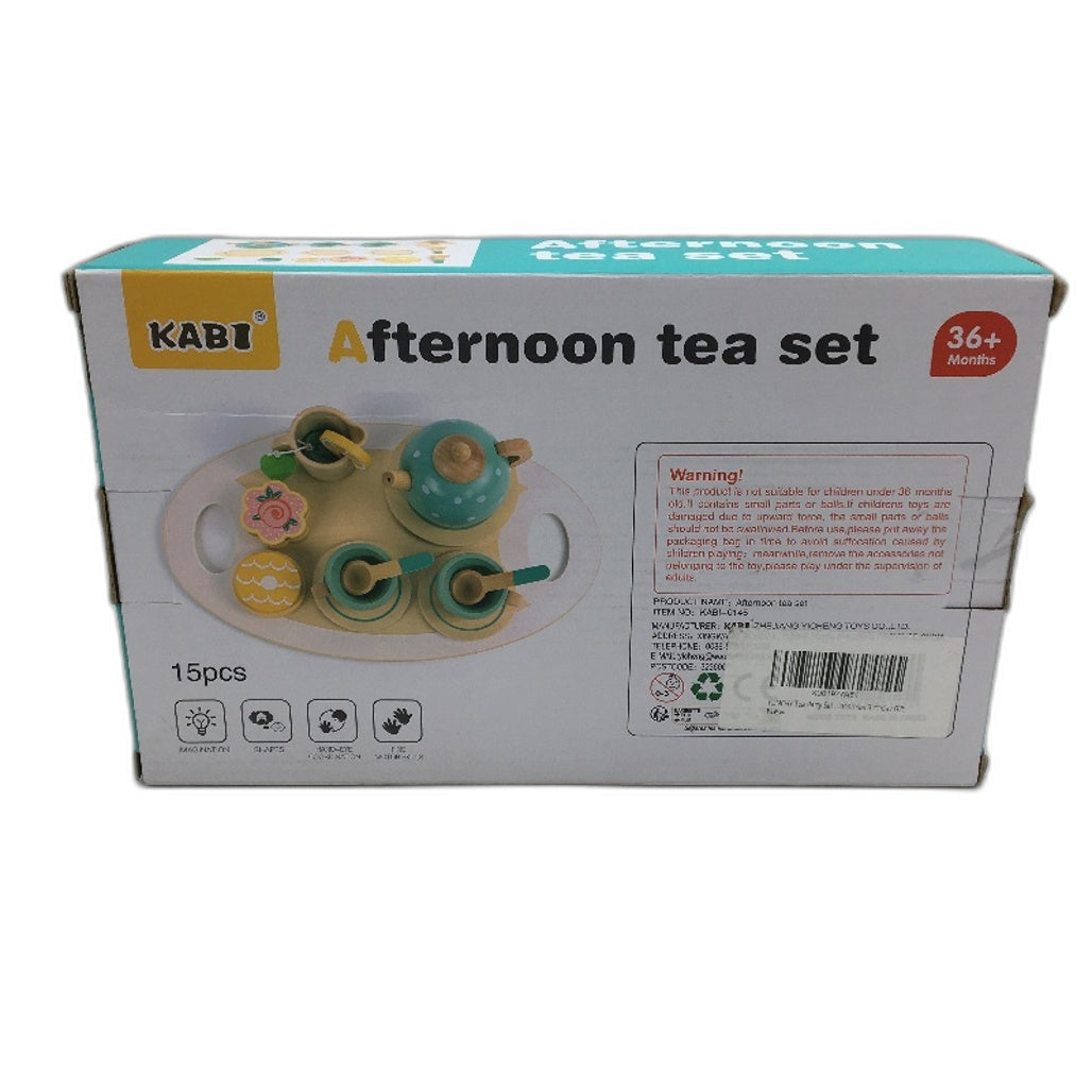 KABI Afternoon Tea Cup Playset 15PCS Wooden Pretend Play Food Toy Set Age 3+ NEW