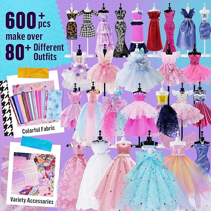 Fashion Design Sewing Kit Toys 600Pcs Creative DIY Doll Dress Clothes Age 6+ NEW