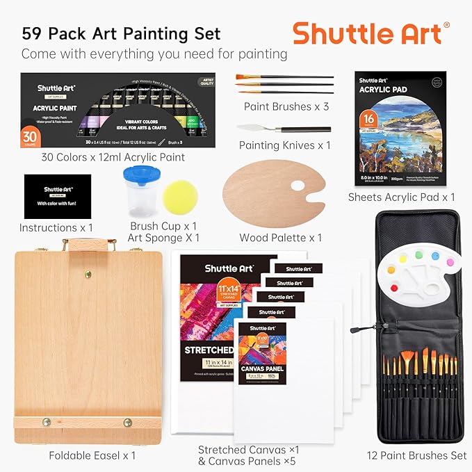 Shuttle Art 59 Pack Acrylic Paint Set 30 Colours Artist Painting Essentials NEW