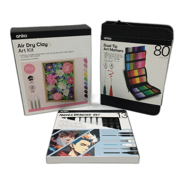 3 Pack Dual Tip Colour Markers, Manga Pens and Air Dry Clay Art Bundle NEW