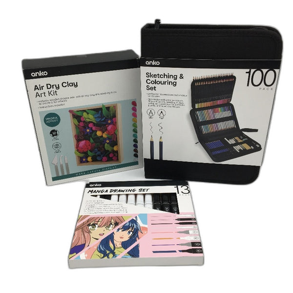 3 Pack V2 Sketch & Colour Set, Manga Pens and Air Dry Clay Art Bundle NEW