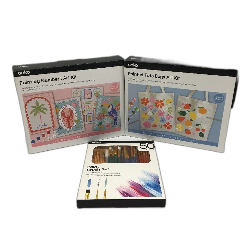 3 Pack Paint By Numbers, Tote Bag Art Kit and 50 Pack Brush Set Bundle NEW