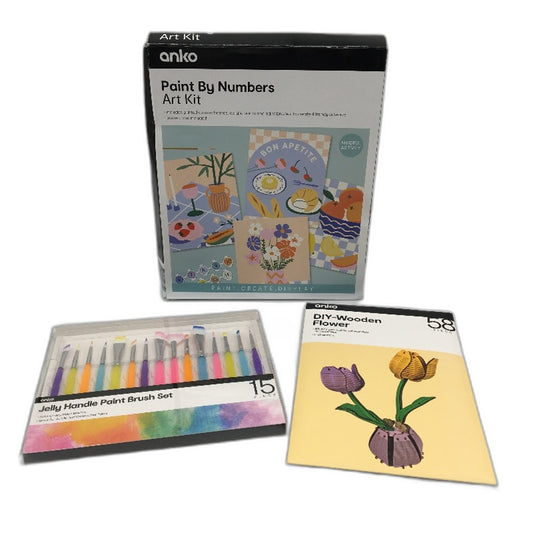 3 Pack Paint by Numbers, DIY Wooden Flower and 15 Piece Brush Set Art Bundle NEW