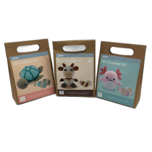 3 Pack Axolotl, Turtle and Cow DIY Crochet Art Kit NEW
