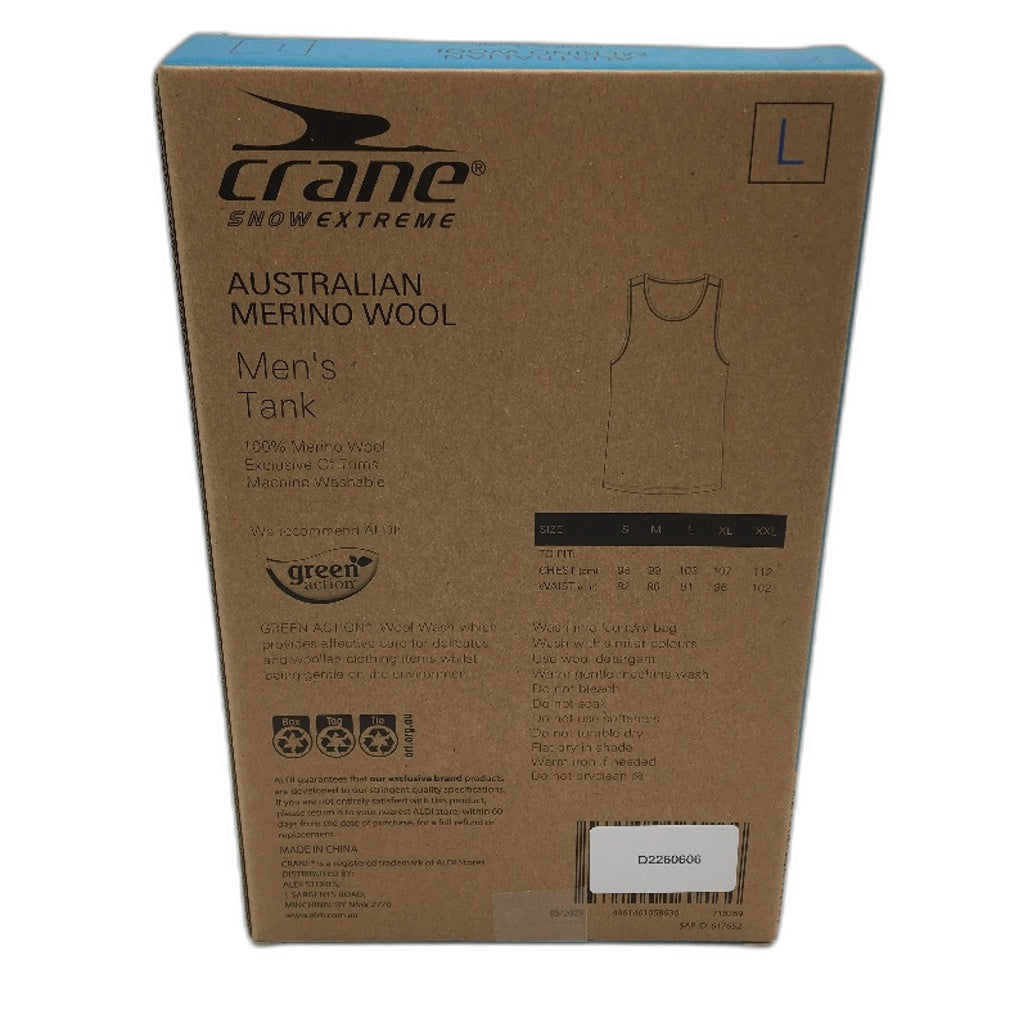 Crane Snow Extreme Grey Australian Merino Wool Tank Top Mens Size L NEW