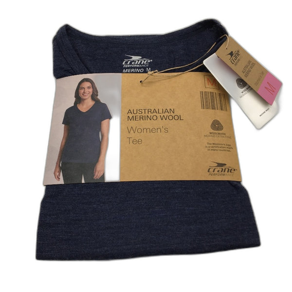 Crane Performance 100% Merino Fine Wool Navy Short Sleeve Top Ladies Size M NEW