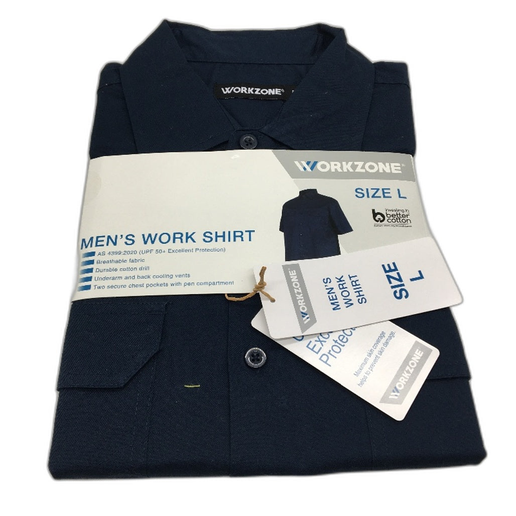 Workzone Navy Blue UPF50+ Cotton Drill Cool Vents Work Shirt Mens Size Large NEW
