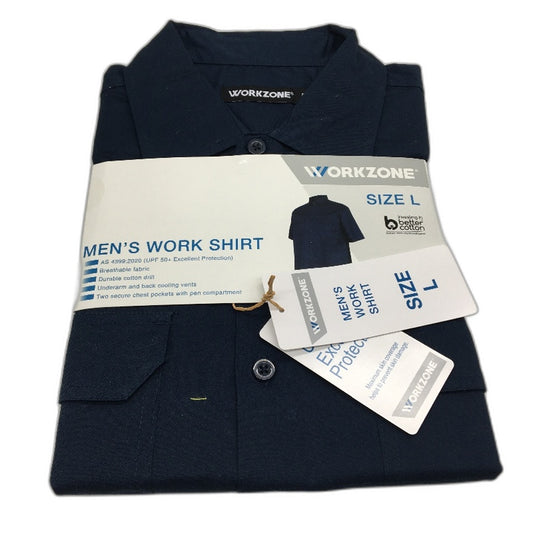 Workzone Navy Blue UPF50+ Cotton Drill Cool Vents Work Shirt Mens Size Large NEW