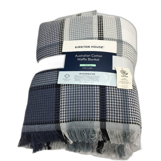 Kirkton House Australian Cotton Blue Check Waffle Blanket 1.8m x 2.3m NEW