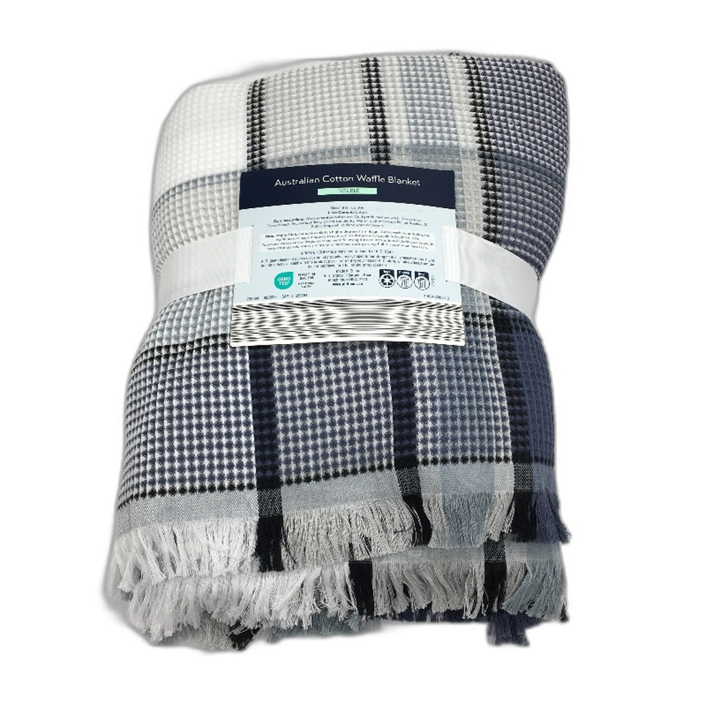 Kirkton House Australian Cotton Blue Check Waffle Blanket 1.8m x 2.3m NEW