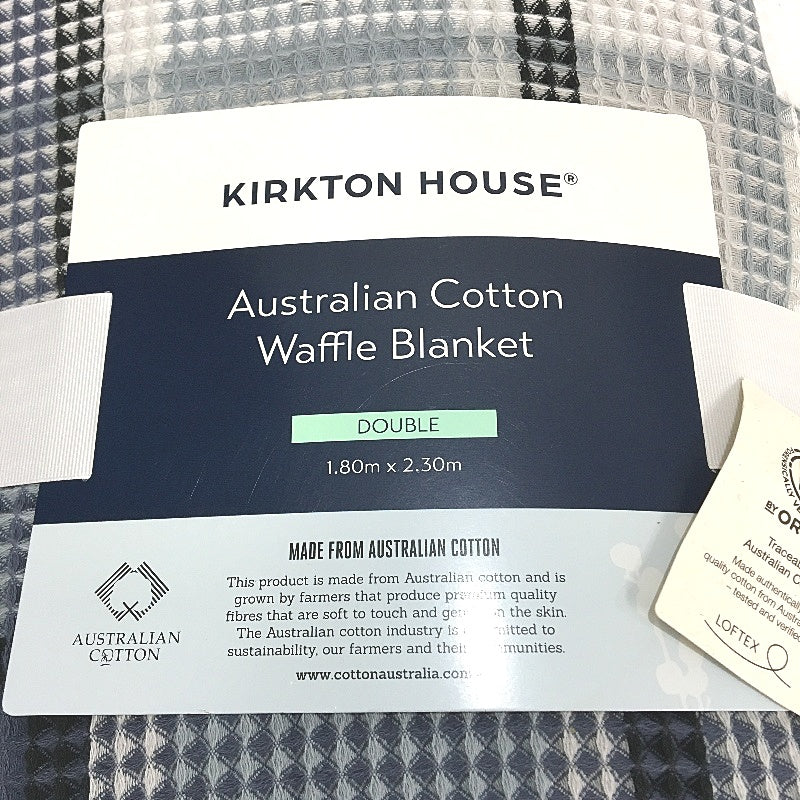 Kirkton House Australian Cotton Blue Check Waffle Blanket 1.8m x 2.3m NEW