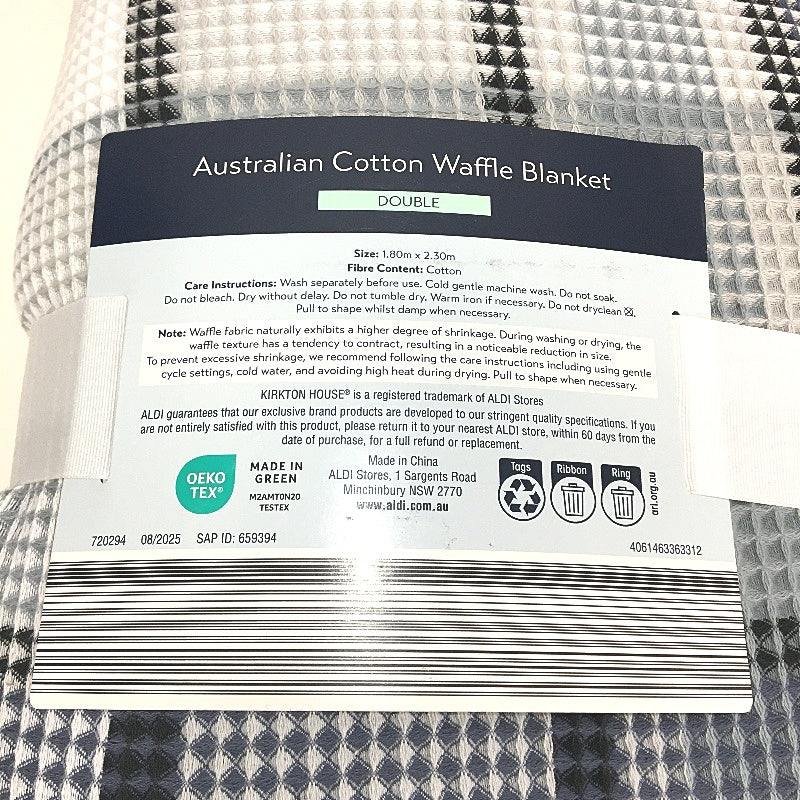 Kirkton House Australian Cotton Blue Check Waffle Blanket 1.8m x 2.3m NEW