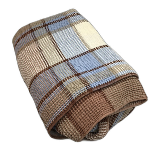 Kirkton House Australian Cotton Blue Brown Check Waffle Blanket 1.8m x 2.3m NEW
