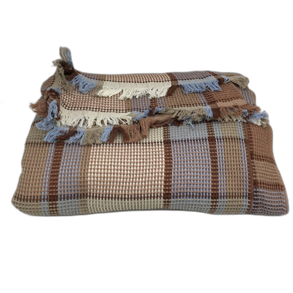 Kirkton House Australian Cotton Blue Brown Check Waffle Blanket 1.8m x 2.3m NEW