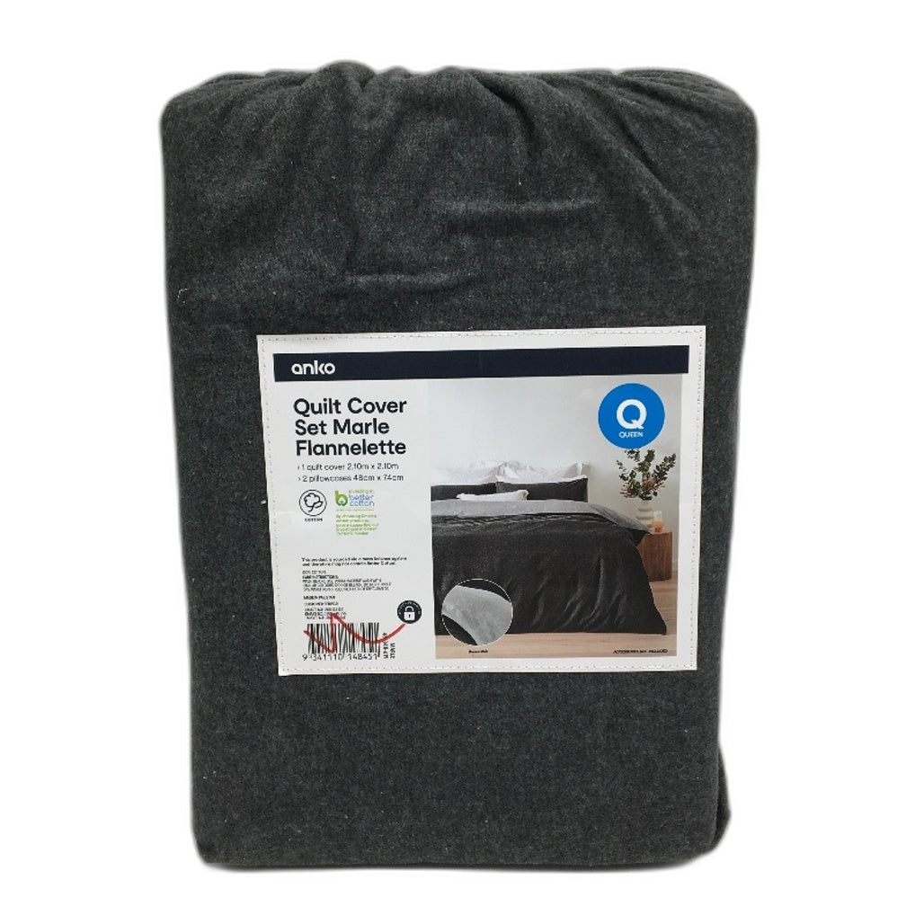 Marle 2 Tone Grey Charcoal 100% Cotton Flannelette Quilt Cover Set QUEEN Bed NEW