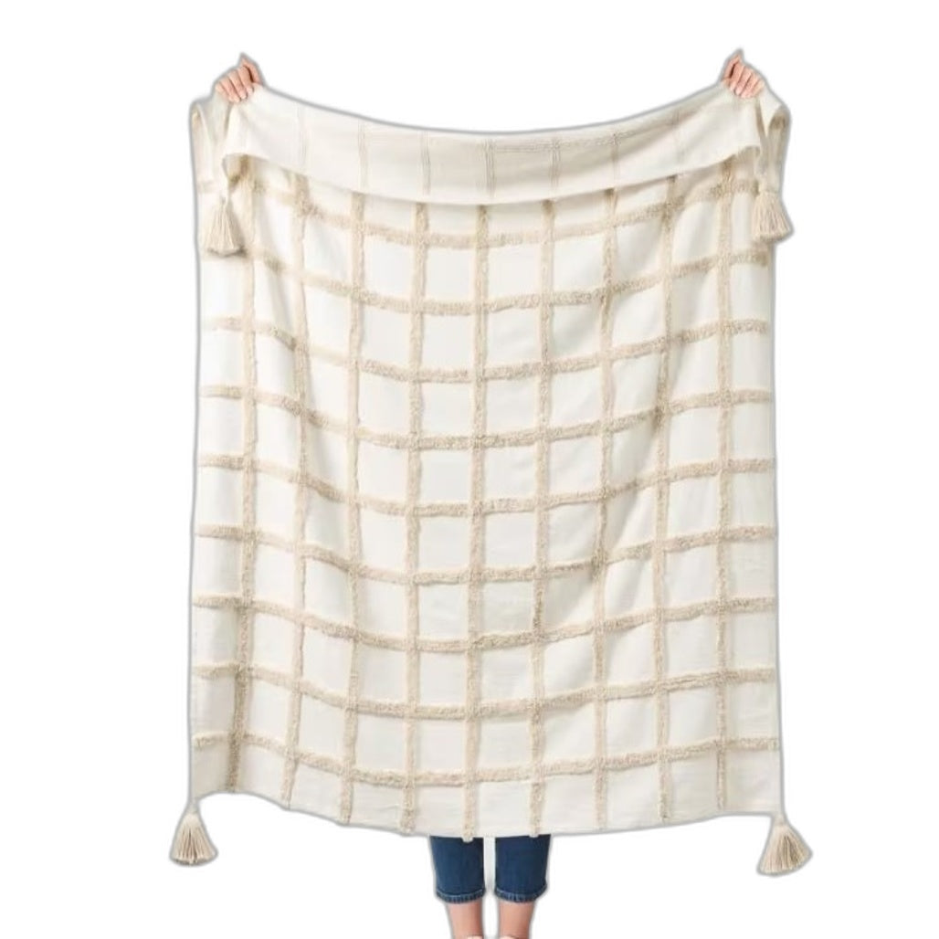 Home Decor Natural 100% Cotton Grid Tufted Textured Throw Blanket 1.27x1.52m NEW