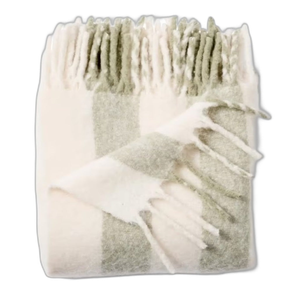 Home Decor Sage & Cream Stripe Brushed Fringed Throw Blanket 1.27x1.52m NEW