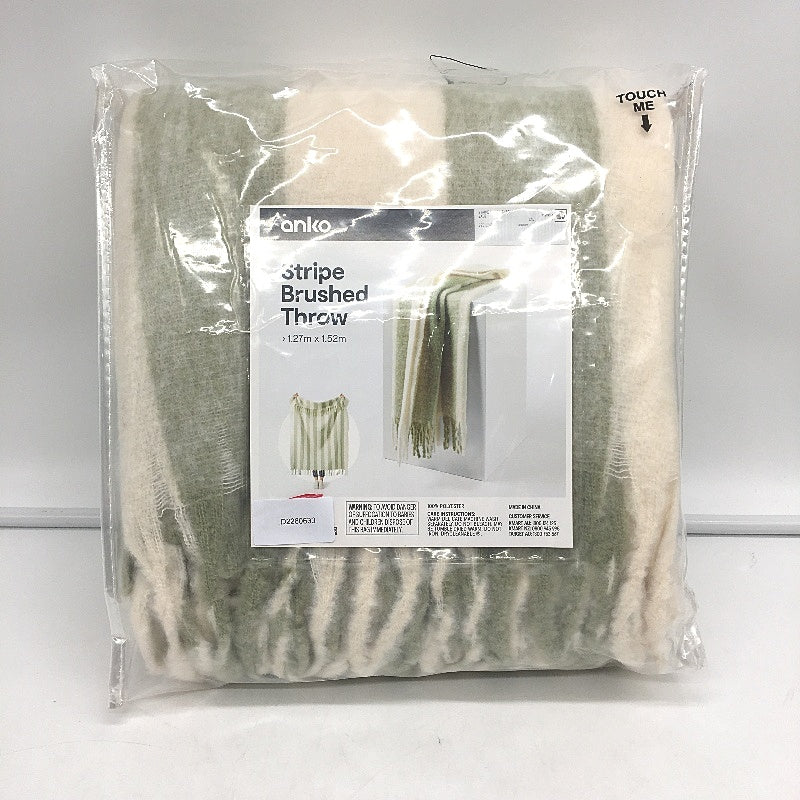 Home Decor Sage & Cream Stripe Brushed Fringed Throw Blanket 1.27x1.52m NEW