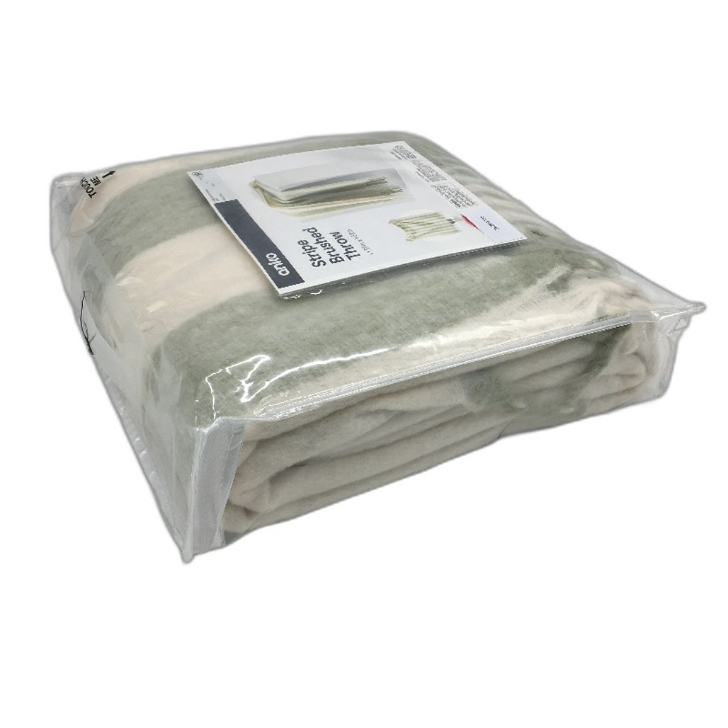 Home Decor Sage & Cream Stripe Brushed Fringed Throw Blanket 1.27x1.52m NEW