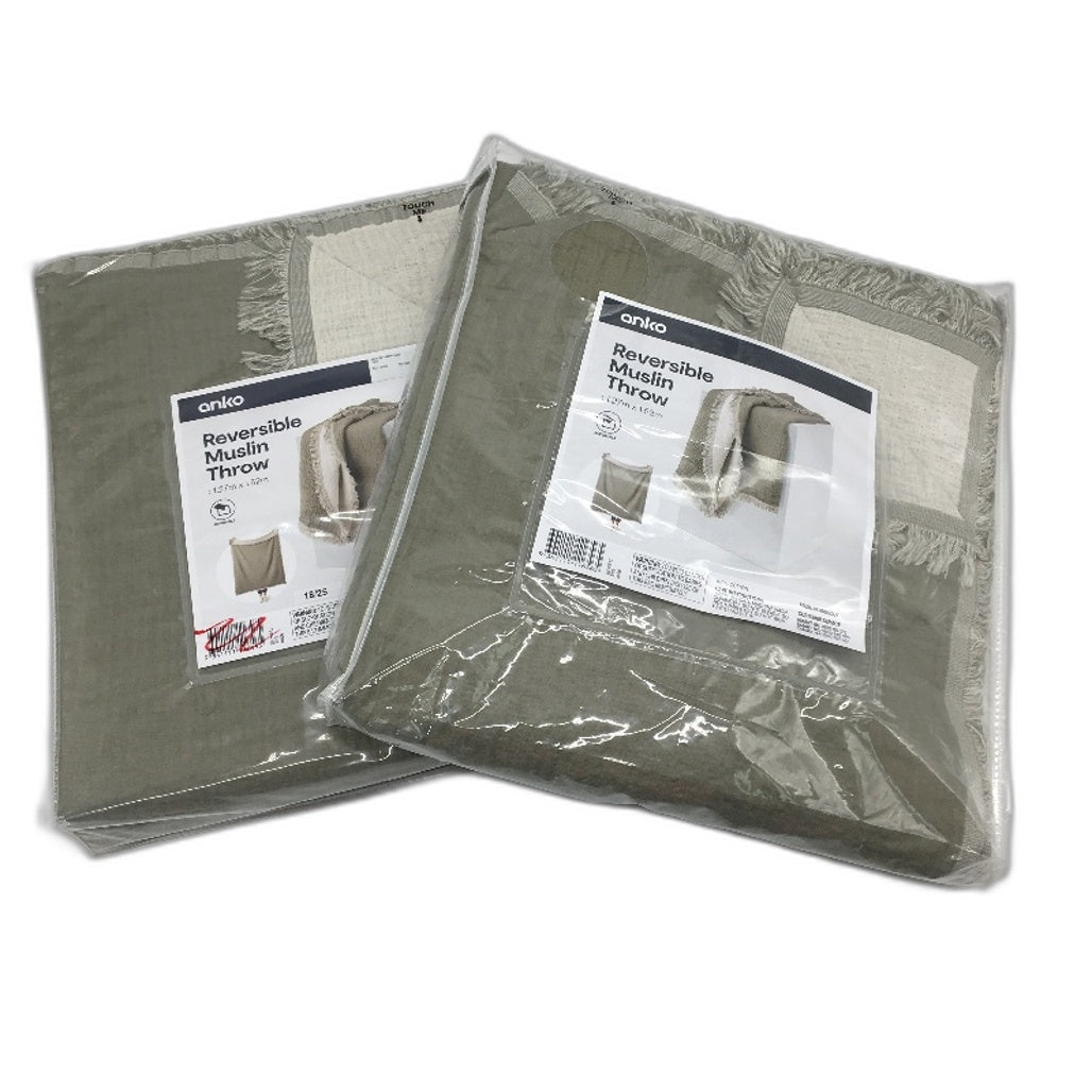 Set of 2 Green Reversible Muslin Lightweight Throw Blankets 1.27x1.52m NEW