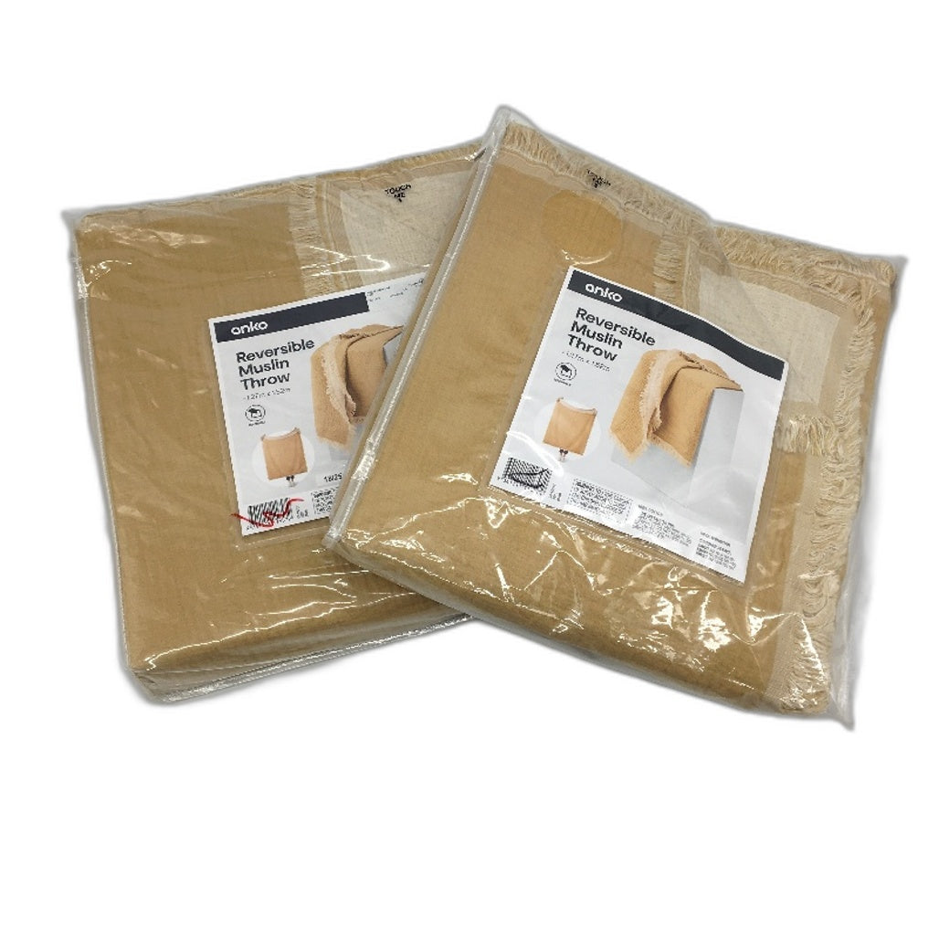 Set of 2 Mustard Reversible Muslin Lightweight Throw Blankets 1.27x1.52m NEW