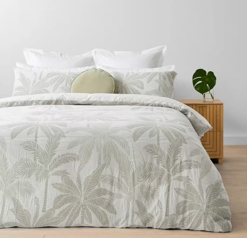 Tropical Palm Sage Green & White 100% Cotton Textured Quilt Cover Set QUEEN NEW