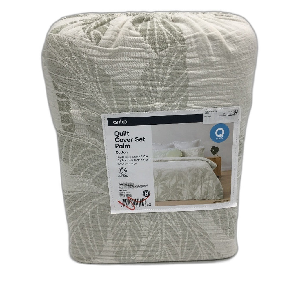Tropical Palm Sage Green & White 100% Cotton Textured Quilt Cover Set QUEEN NEW