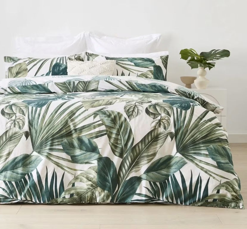 Bryony Easy Care Palm Leaf Reversible Cotton Rich Quilt Cover Set QUEEN NEW