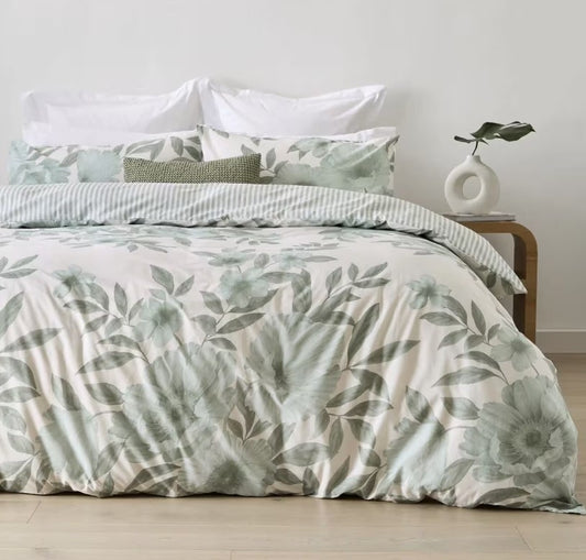 Mari Easy Care Floral & Stripe Reversible Cotton Rich Quilt Cover Set QUEEN NEW