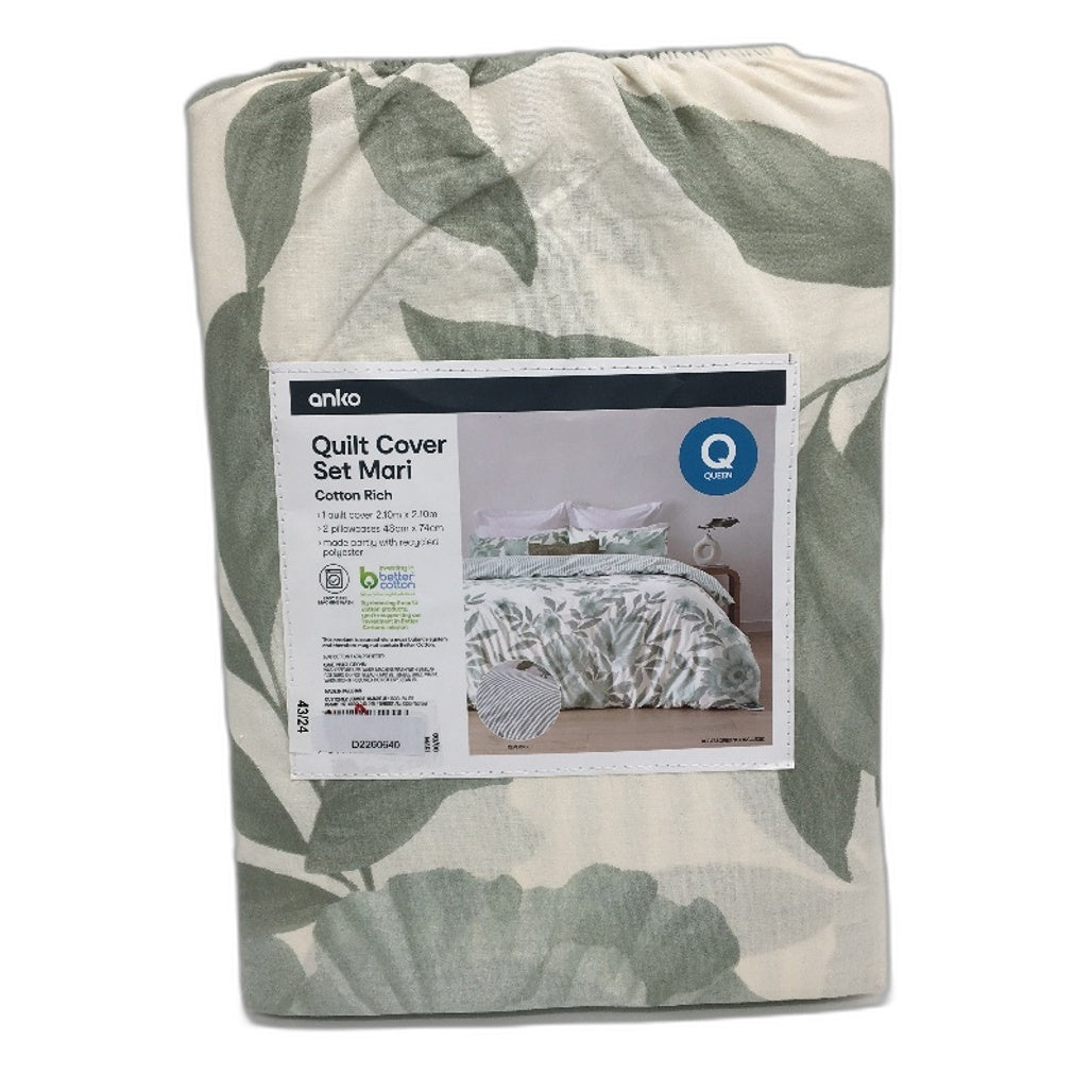 Mari Easy Care Floral & Stripe Reversible Cotton Rich Quilt Cover Set QUEEN NEW