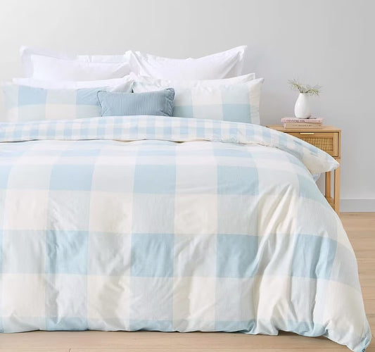 Blake Easy Care Blue Check Reversible Cotton Rich Quilt Cover Set QUEEN NEW