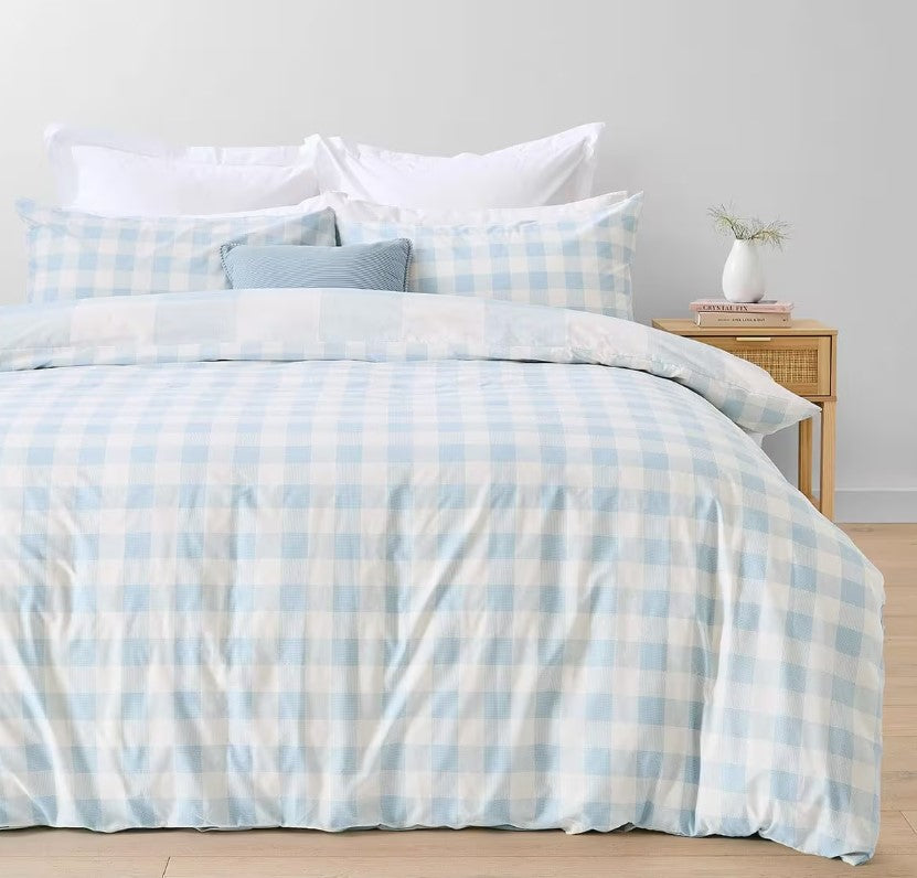 Blake Easy Care Blue Check Reversible Cotton Rich Quilt Cover Set QUEEN NEW