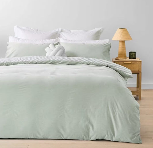 Chambray Easy Care Sage Green Reversible Cotton Rich Quilt Cover Set QUEEN NEW