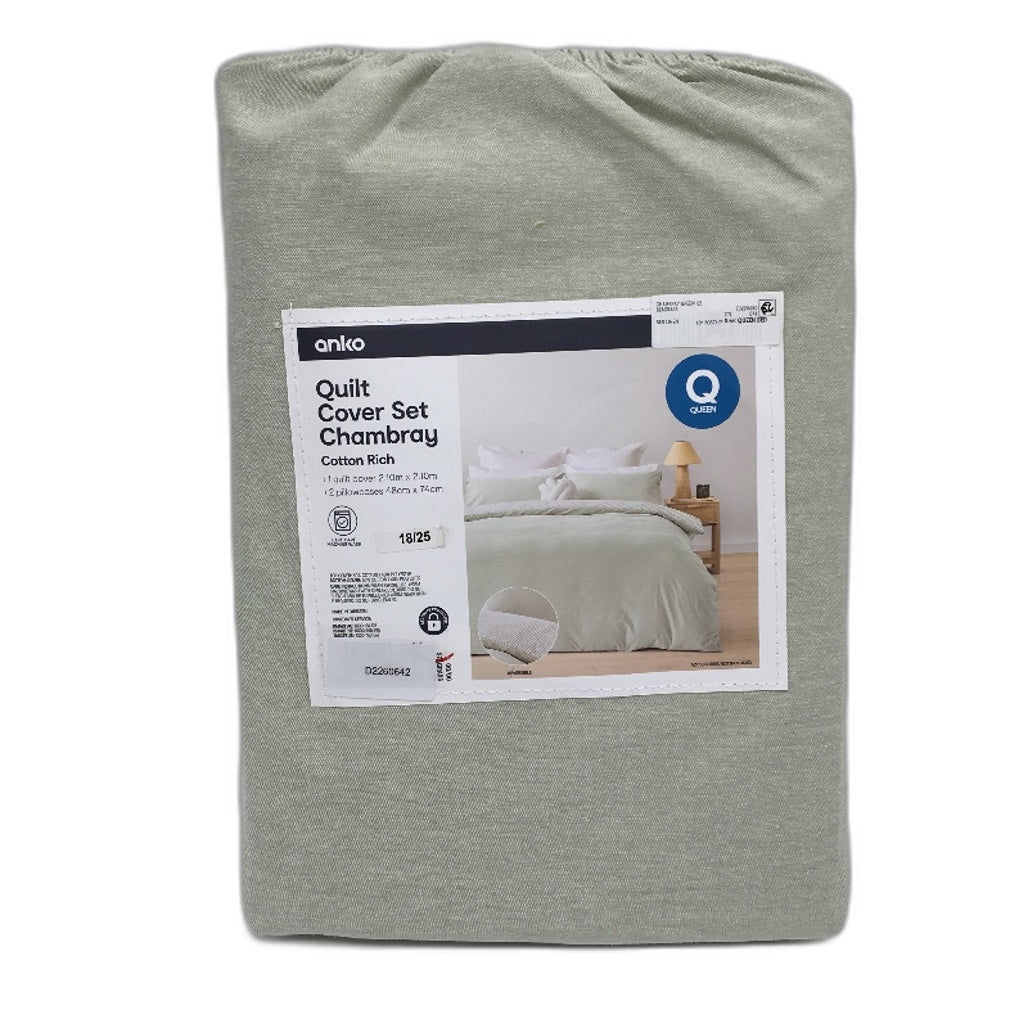 Chambray Easy Care Sage Green Reversible Cotton Rich Quilt Cover Set QUEEN NEW
