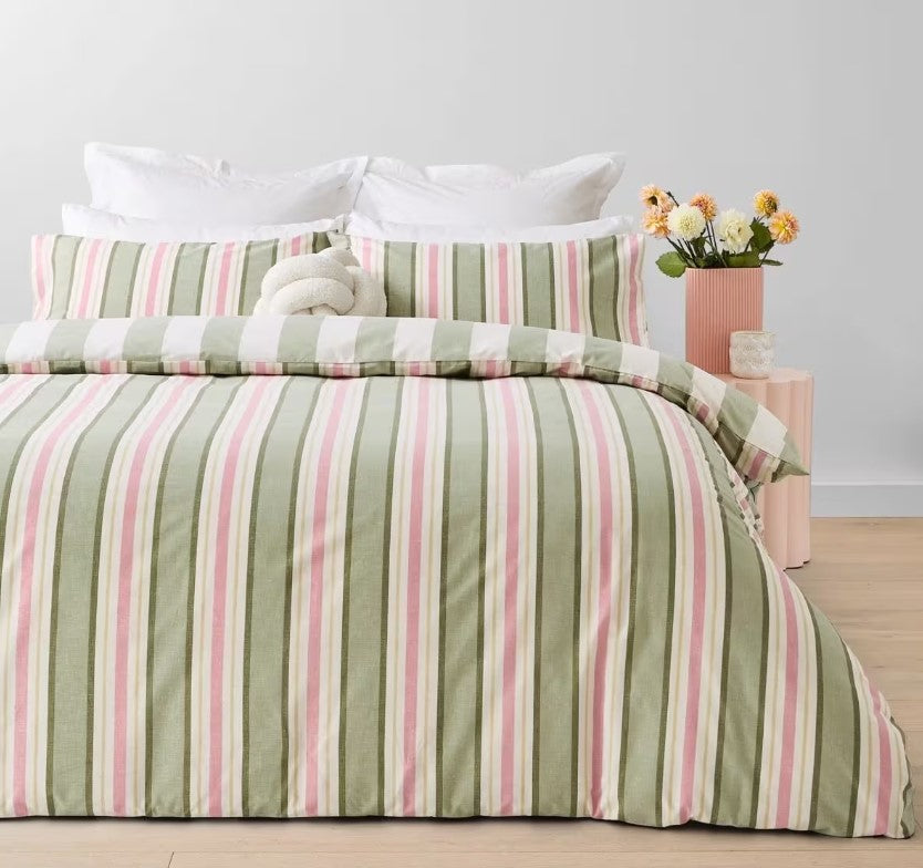 Alexis Easy Care Green Stripe Reversible Cotton Rich Quilt Cover Set QUEEN NEW