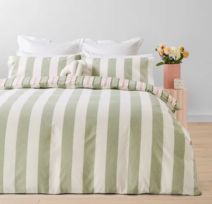 Alexis Easy Care Green Stripe Reversible Cotton Rich Quilt Cover Set QUEEN NEW