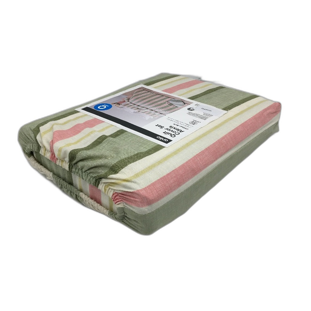 Alexis Easy Care Green Stripe Reversible Cotton Rich Quilt Cover Set QUEEN NEW