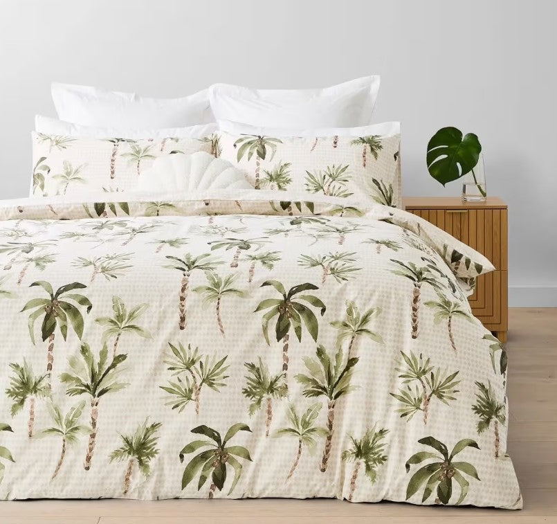 Hailey Easy Care Palm Tree Reversible Cotton Rich Quilt Cover Set QUEEN NEW