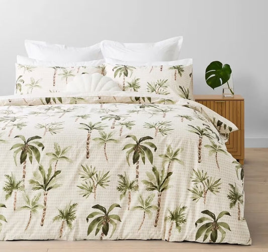 Hailey Easy Care Palm Tree Reversible Cotton Rich Quilt Cover Set QUEEN NEW