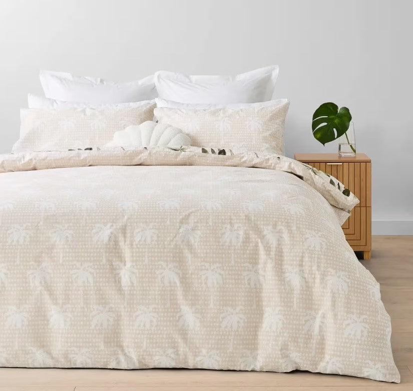 Hailey Easy Care Palm Tree Reversible Cotton Rich Quilt Cover Set QUEEN NEW